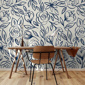 Navy Rose Floral Wallpaper Removable Wallpaper Peel And Stick Wallpaper Adhesive Wallpaper Wall Paper Peel Stick Wall Mural 2361 image 3