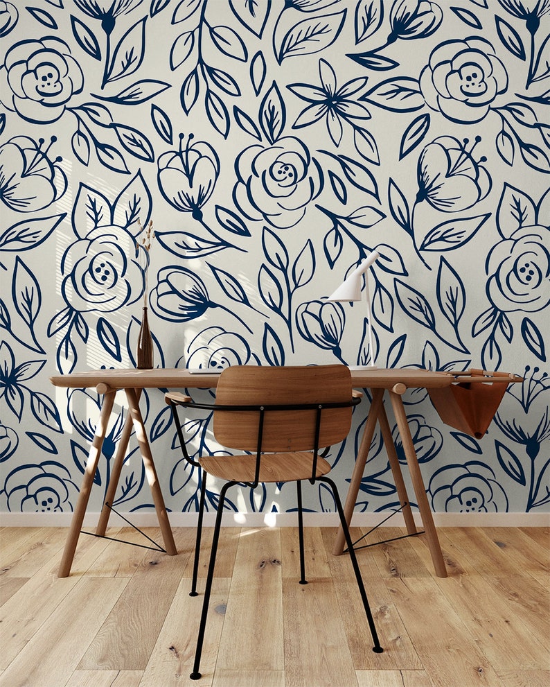Navy Rose Floral Wallpaper Removable Wallpaper Peel And Stick Wallpaper Adhesive Wallpaper Wall Paper Peel Stick Wall Mural 2361 image 3
