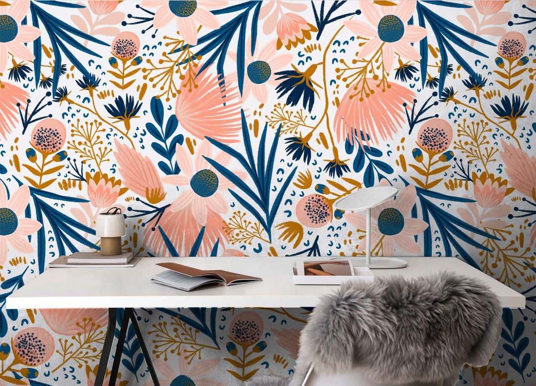 Pink and Navy Floral Wallpaper Removable Wallpaper Peel and Stick