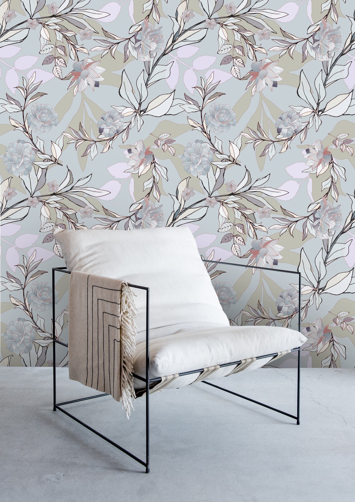Blue Gray Floral Wallpaper Wallpaper Peel and Stick | Etsy