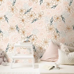 Neutral Floral Outline Wallpaper Girls Nursery Wallpaper Kids Wallpaper Childrens Wallpaper Peel Stick Removable Wallpaper 162 image 2