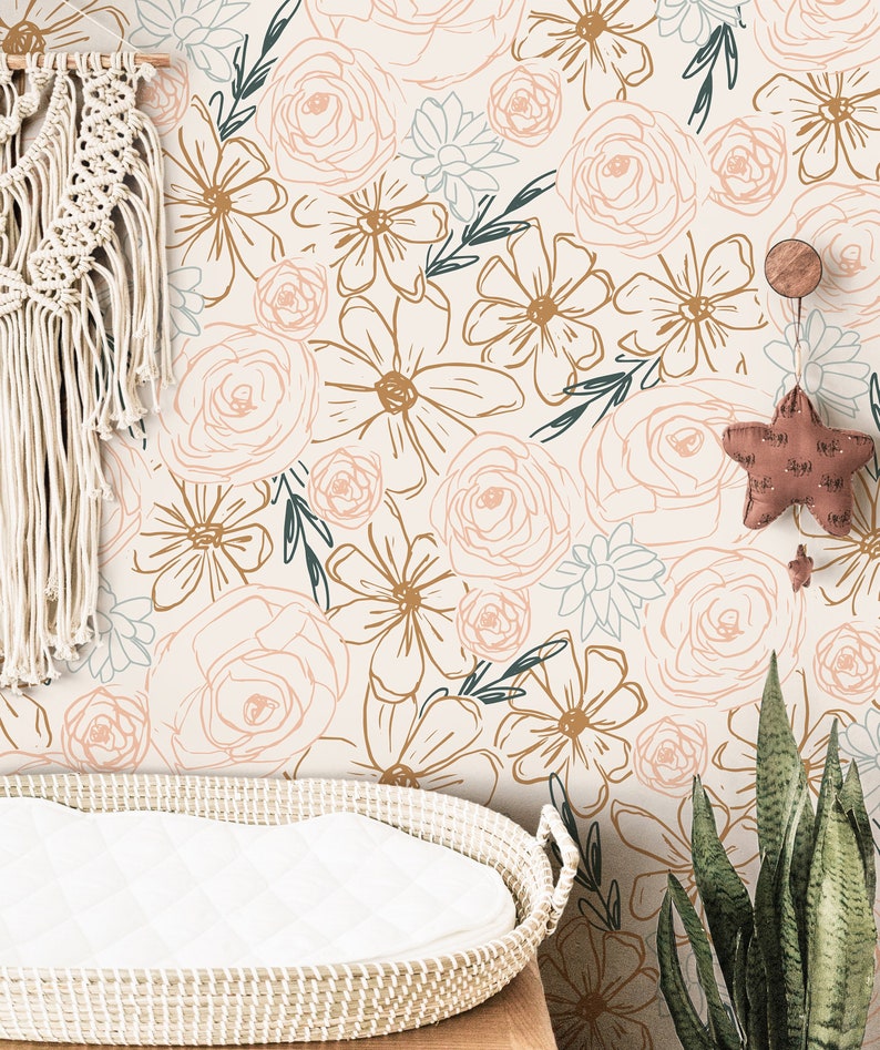 Neutral Floral Outline Wallpaper Girls Nursery Wallpaper Kids Wallpaper Childrens Wallpaper Peel Stick Removable Wallpaper 162 image 1