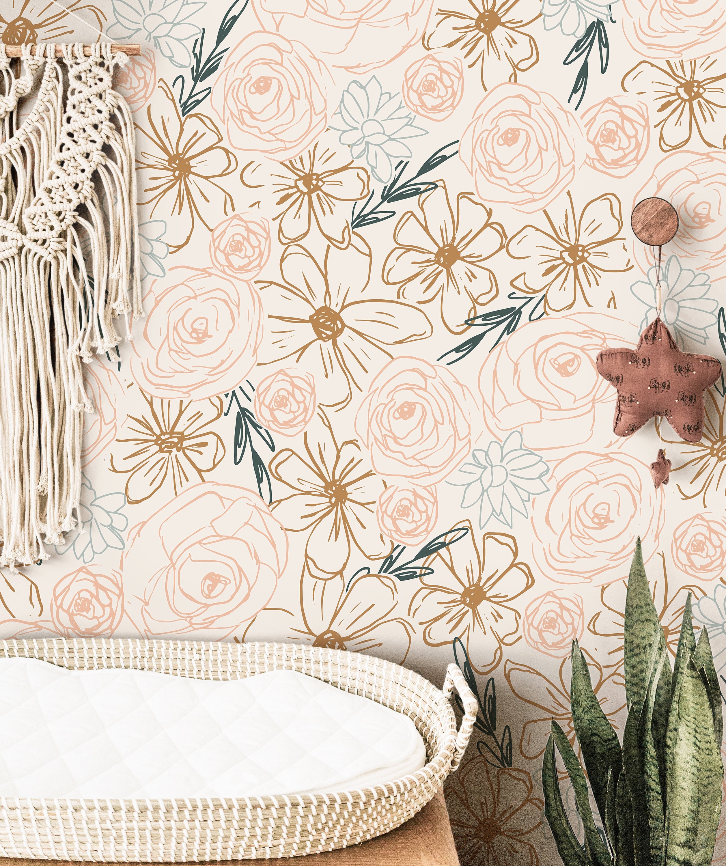 Neutral Floral Outline Wallpaper | Girls Nursery Wallpaper | Kids Wallpaper | Childrens Wallpaper | Peel Stick Removable Wallpaper | 162