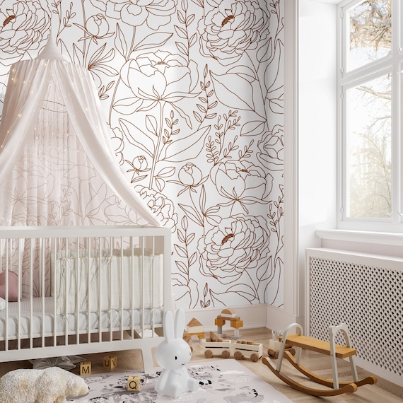 Large Floral Outline Wallpaper Girls Nursery Wallpaper - Etsy