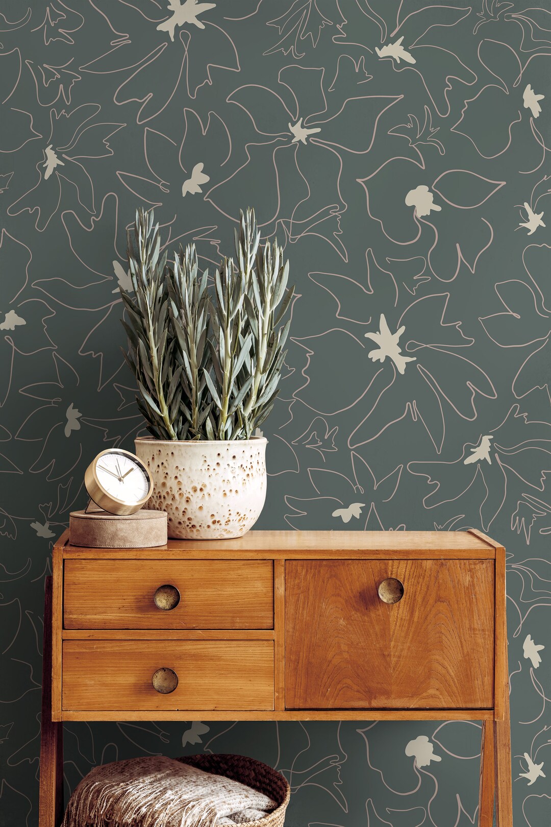 Wallpaper Peel and Stick Wallpaper Dark Green Floral Outline Abstract ...