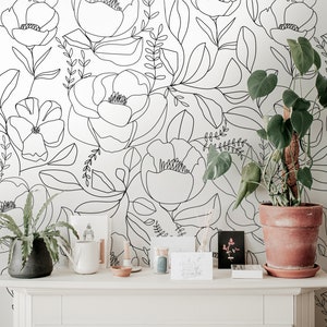 Wallpaper Peel and Stick Wallpaper Black White Large Floral Outline Removable Wallpaper Wall Decor Home Decor Wall Art Room Decor 646