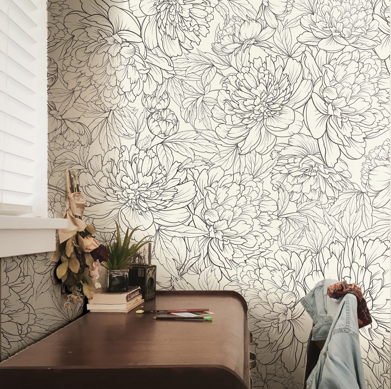 Wallpaper Peel and Stick Wallpaper Black White Floral Outline - Etsy