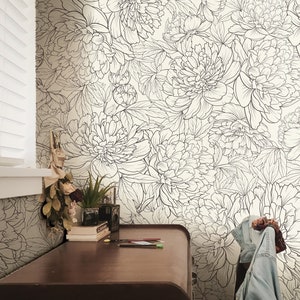 Wallpaper Peel and Stick Wallpaper Black White Floral Outline Removable Wallpaper Wall Decor Home Decor Wall Art Room Decor 3822
