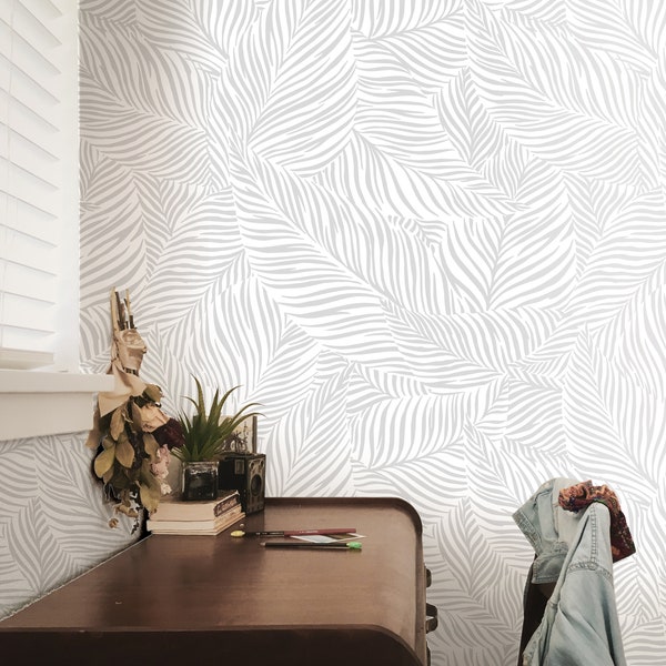 Removable Wallpaper Gray White Leaf Wallpaper | Peel And Stick Wallpaper | Adhesive Wallpaper | Wall Paper Peel Stick Wall Mural 3530