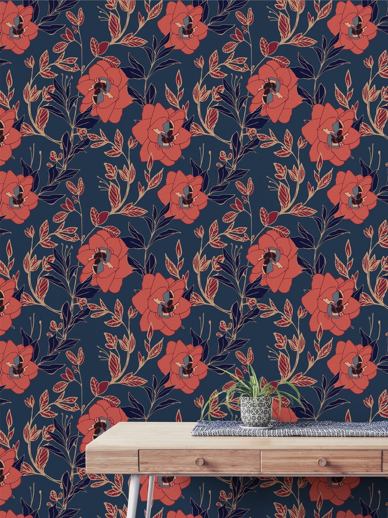 Large Red Floral Wallpaper Wallpaper Peel and Stick Etsy