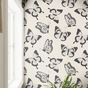 Wallpaper Peel and Stick Wallpaper Black And Cream Monarch Butterfly Boho Removable Wallpaper Wall Decor Home Decor Wall Art Room Decor 3766