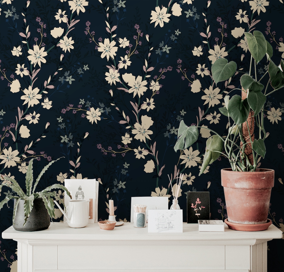 Navy Wild Floral Wallpaper Peel and Stick Wallpaper Removable Wallpaper ...
