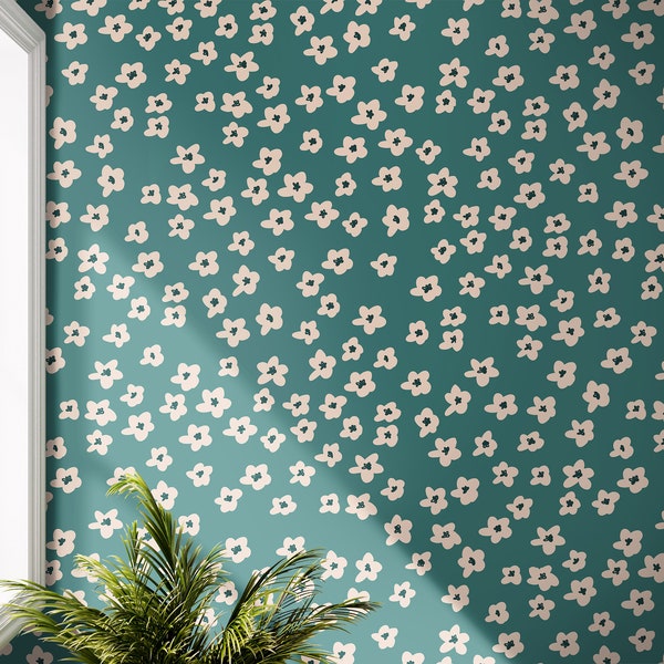 Teal Cream Mini Flower Wallpaper | Wallpaper Peel and Stick | Removable Wallpaper | Wall Paper Peel And Stick | Wall Mural | Wall Decor 147