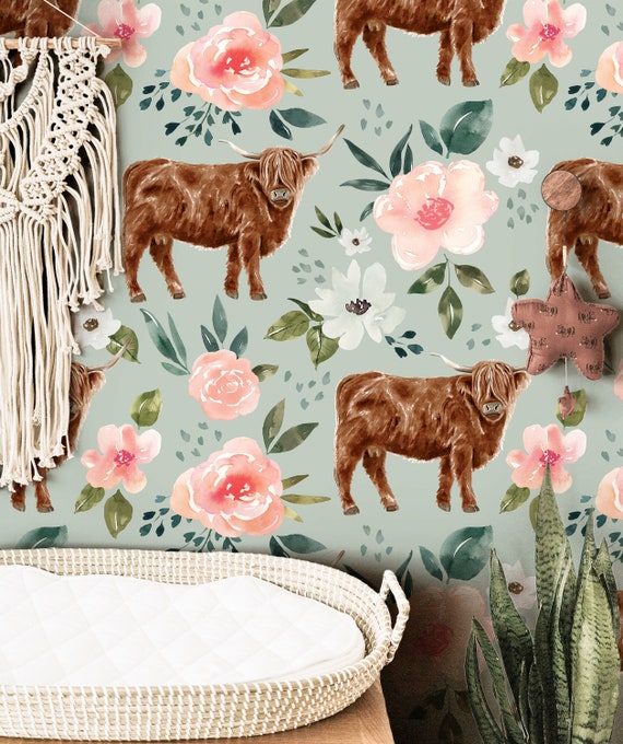 Highland Cow Floral Girls Wallpaper, Girls Nursery Wallpaper, Kids  Wallpaper, Childrens Wallpaper, Peel Stick Removable Wallpaper