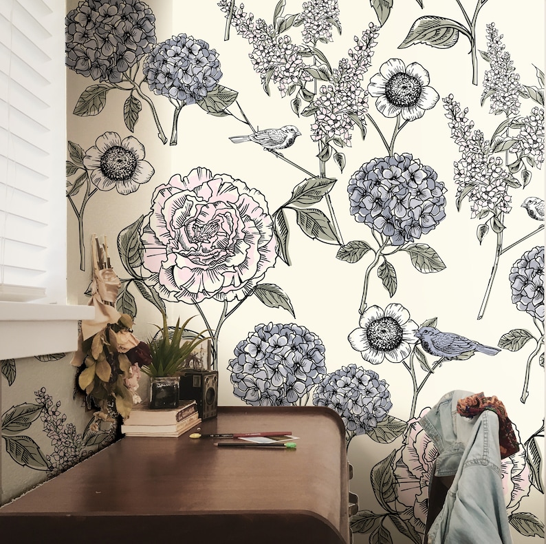 Wallpaper Peel and Stick Wallpaper Hydrangeas Floral Vintage Etsy