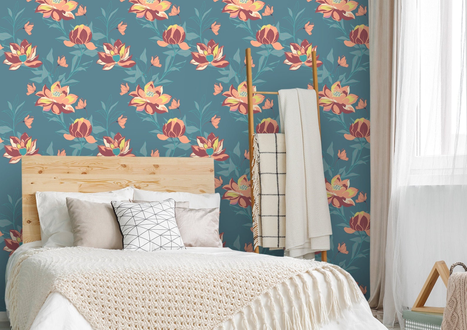 Light Blue Floral Wallpaper Wallpaper Peel and Stick Etsy