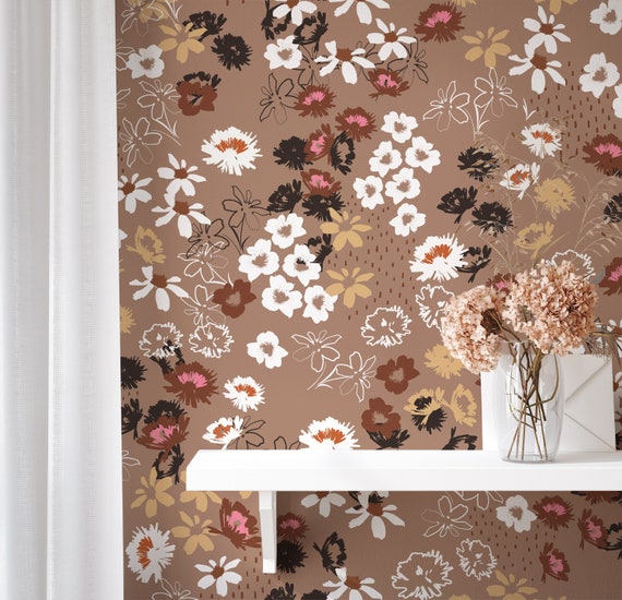 Wallpaper Peel and Stick Wallpaper Tan Wildflower Floral Modern Removable Wallpaper  Wall Decor Home Decor Wall Art Room Decor 105 