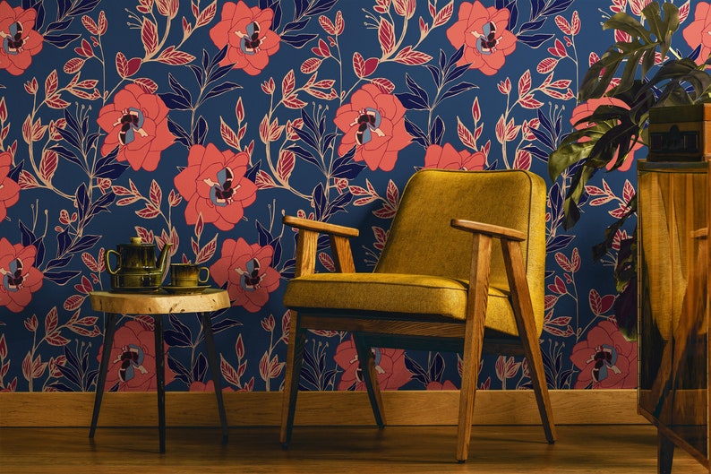 Large Red Floral Wallpaper Wallpaper Peel and Stick Etsy