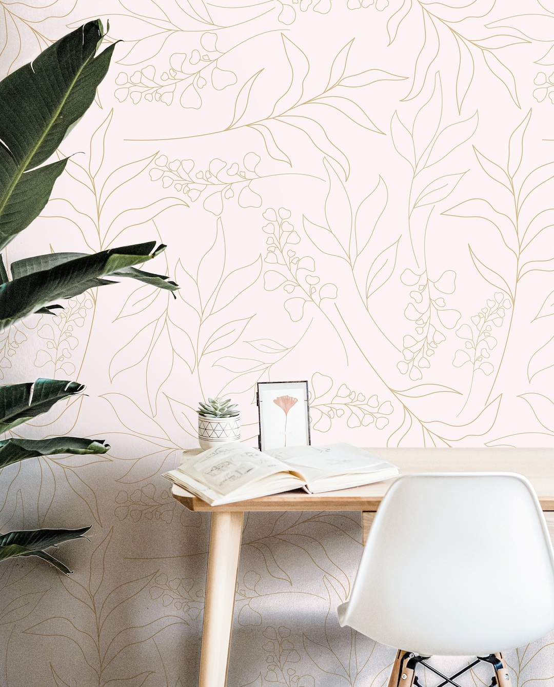 Wallpaper Peel and Stick Wallpaper Cream Floral Outline Minimalist