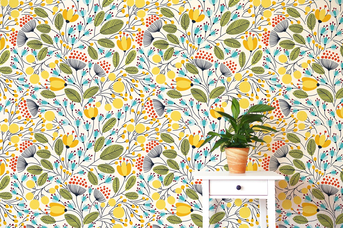 Yellow Blue Floral Wallpaper Wallpaper Peel and Stick | Etsy