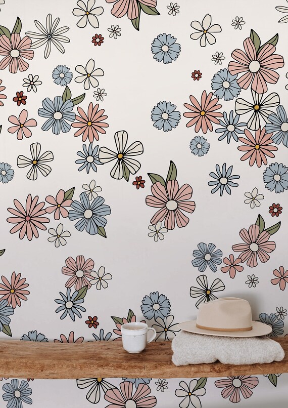 Pink Blue Floral Wallpaper Peel and Stick Wallpaper Removable Etsy