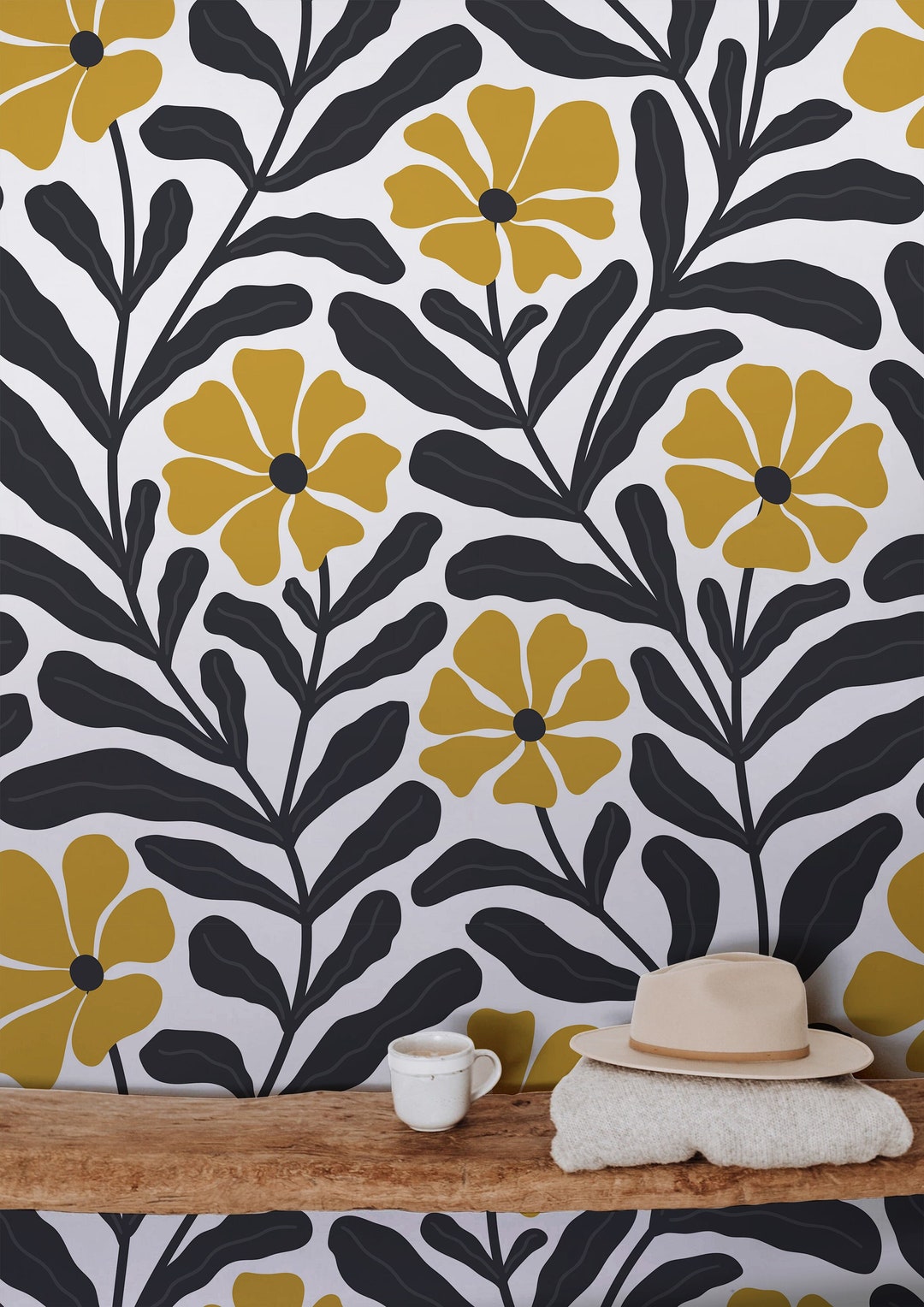 Wallpaper Peel and Stick Wallpaper Abstract Black Yellow Large Floral