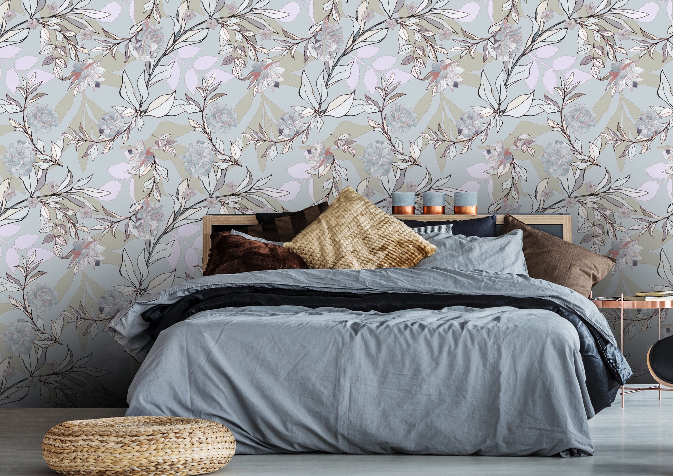 Blue Gray Floral Wallpaper Wallpaper Peel and Stick Etsy