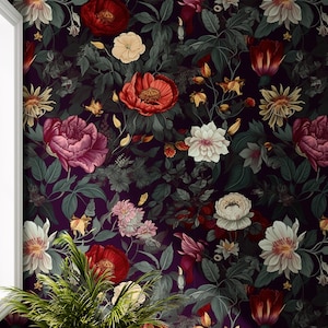 Wallpaper Peel and Stick Wallpaper Dark Floral Whimsical Garden Removable Wallpaper Wall Decor Home Decor Wall Art Room Decor 686