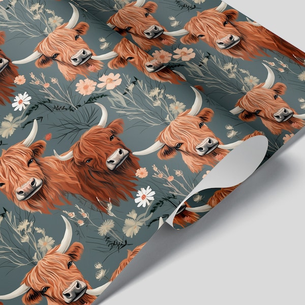 Floral Highland Cow Peel and Stick Contact Paper | Wallpaper | Removable Wallpaper | Shelf Liner | Drawer Liner | Peel and Stick Paper 1709