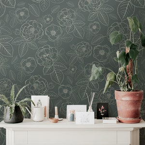 Wallpaper Peel and Stick Wallpaper Dark Green Floral Outline Removable Wallpaper Wall Decor Home Decor Wall Art Room Decor 649