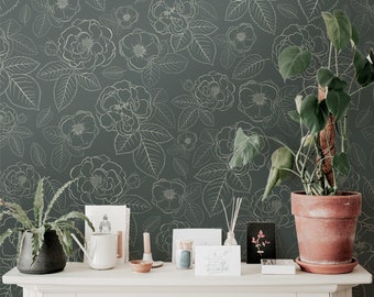 Wallpaper Peel and Stick Wallpaper Dark Green Floral Outline Removable Wallpaper Wall Decor Home Decor Wall Art Room Decor 649