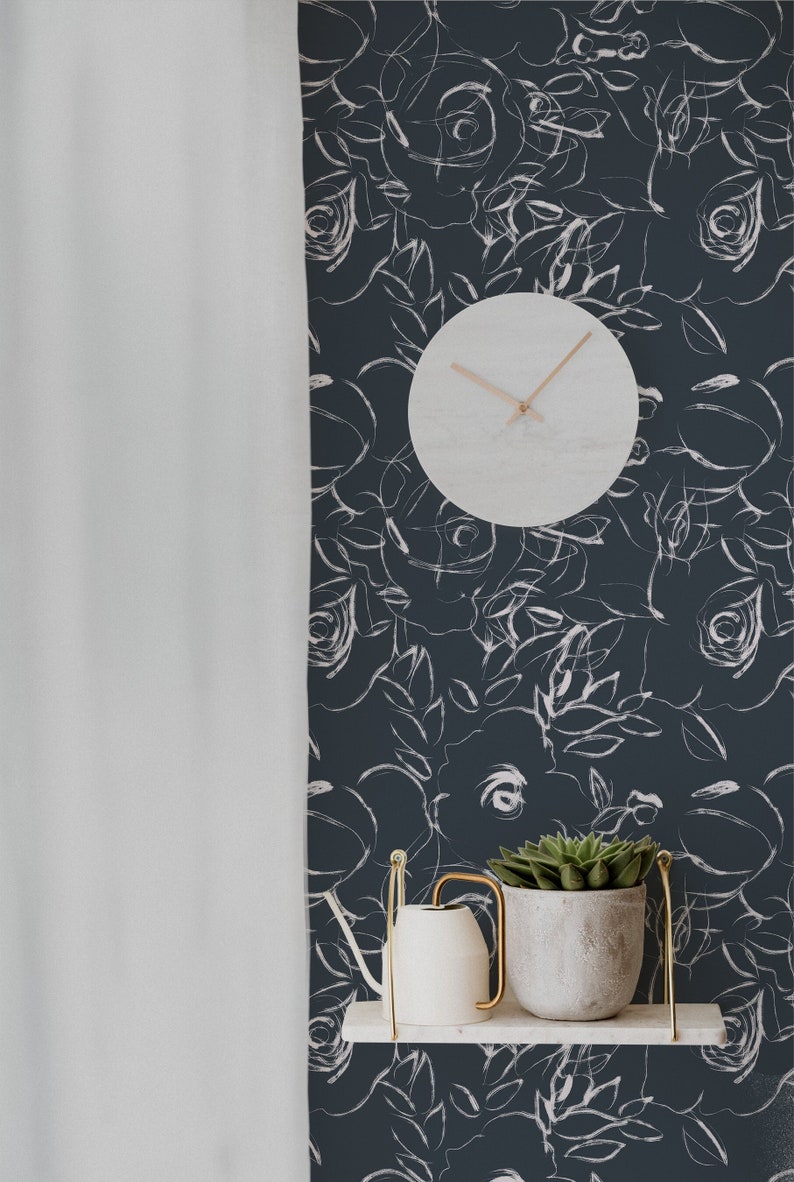 Navy White Floral Wallpaper Wallpaper Peel and Stick Etsy
