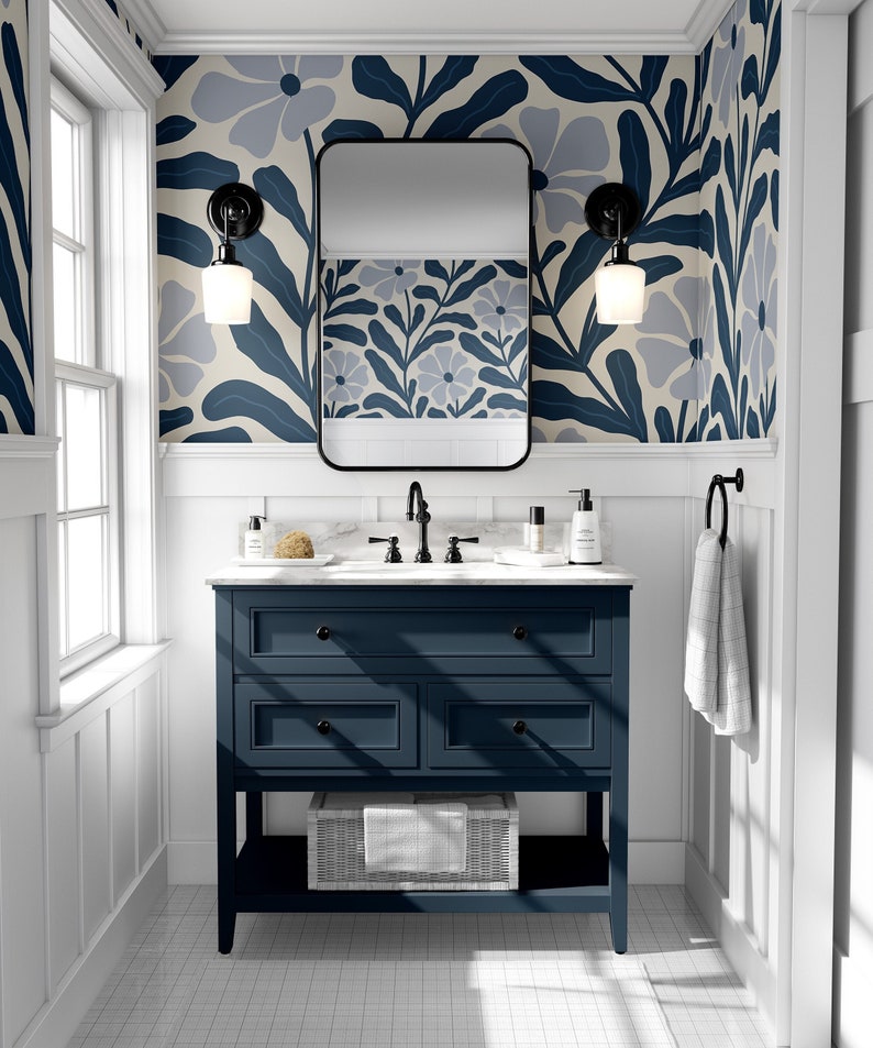 Wallpaper Peel and Stick Wallpaper Abstract Navy Large Floral Etsy