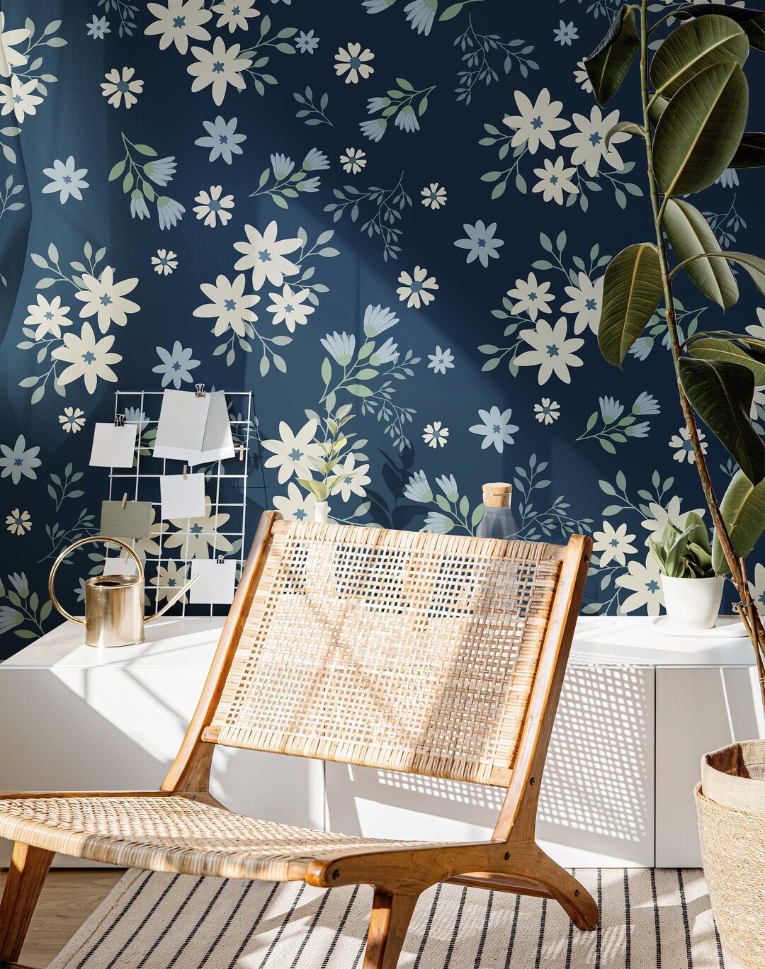 Wallpaper Peel and Stick Wallpaper Dark Blue Floral Garden Cream ...