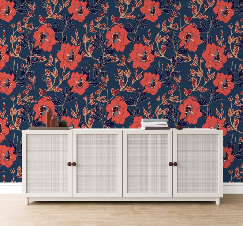 Large Red Floral Wallpaper Wallpaper Peel and Stick Etsy