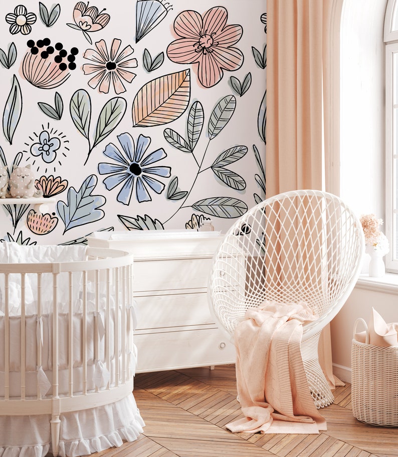Watercolor Floral Wallpaper Girls Nursery Wallpaper Kids - Etsy