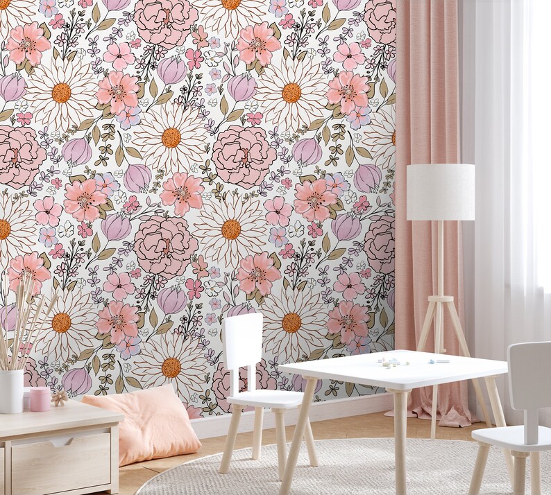 Vintage Pink Floral Wallpaper Girls Nursery Wallpaper Kids - Etsy