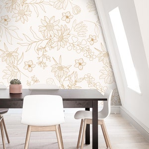 Wallpaper Peel and Stick Wallpaper Cream Floral Outline Minimalist
