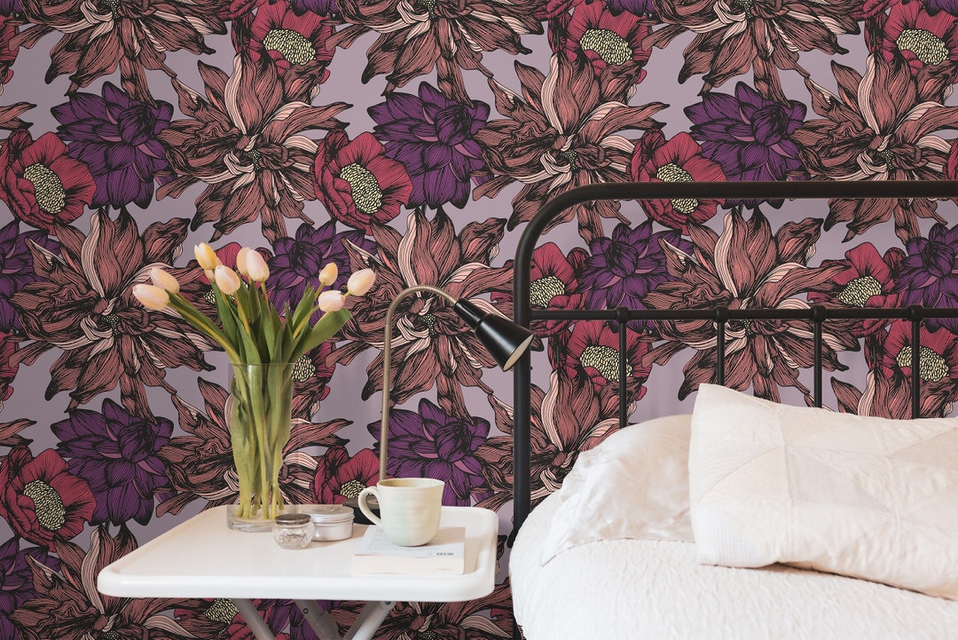 Removable Wallpaper Dark Purple Floral Wallpaper Peel and Stick