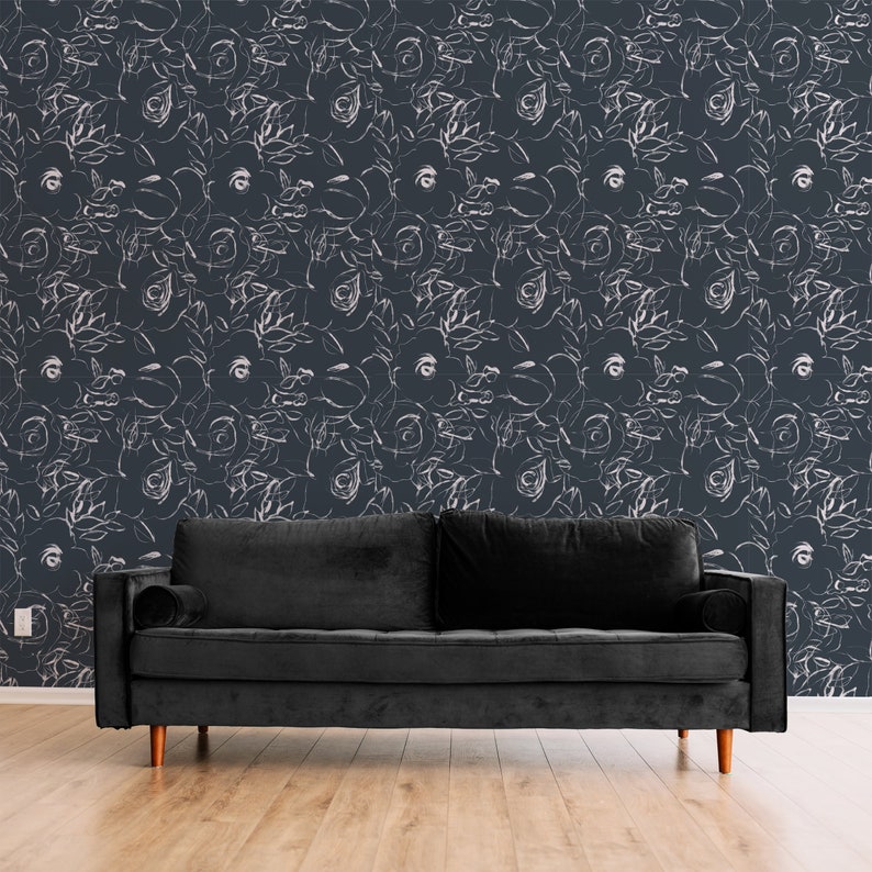 Navy White Floral Wallpaper Wallpaper Peel and Stick - Etsy