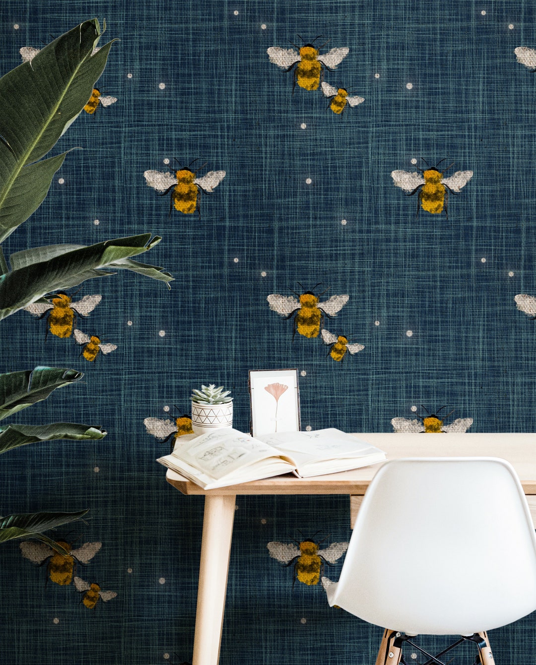 Denim Navy Bumblebee Wallpaper Peel and Stick Wallpaper Removable