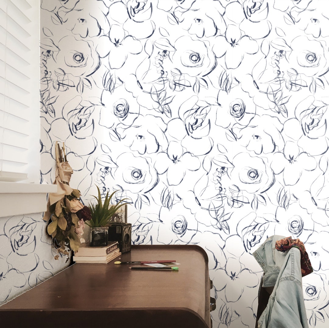 White Navy Floral Wallpaper Wallpaper Peel and Stick Removable