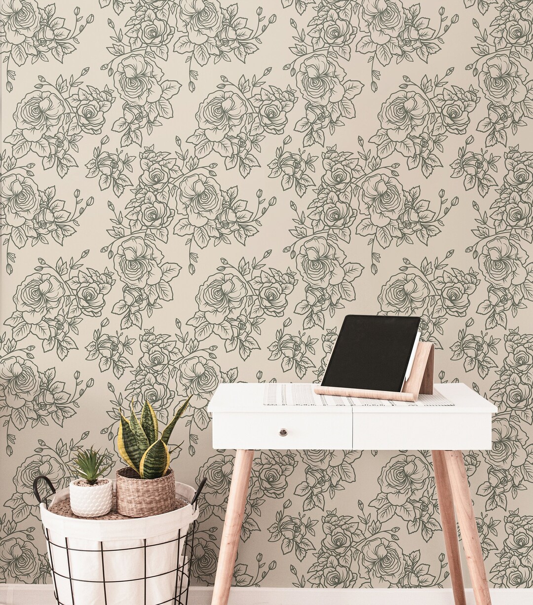 Wallpaper Peel and Stick Wallpaper Cream Olive Green Floral Outline