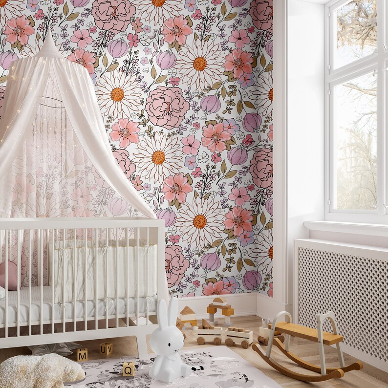 Vintage Pink Floral Wallpaper Girls Nursery Wallpaper Kids - Etsy
