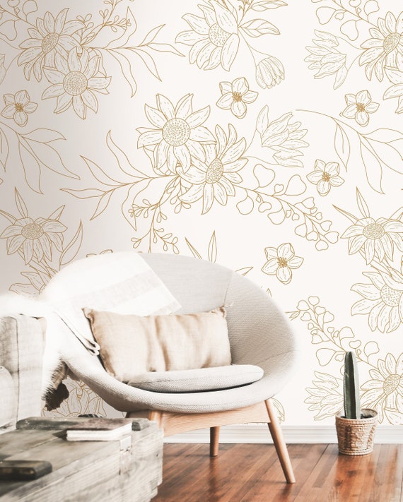 Wallpaper Peel and Stick Wallpaper Cream Floral Outline | Etsy