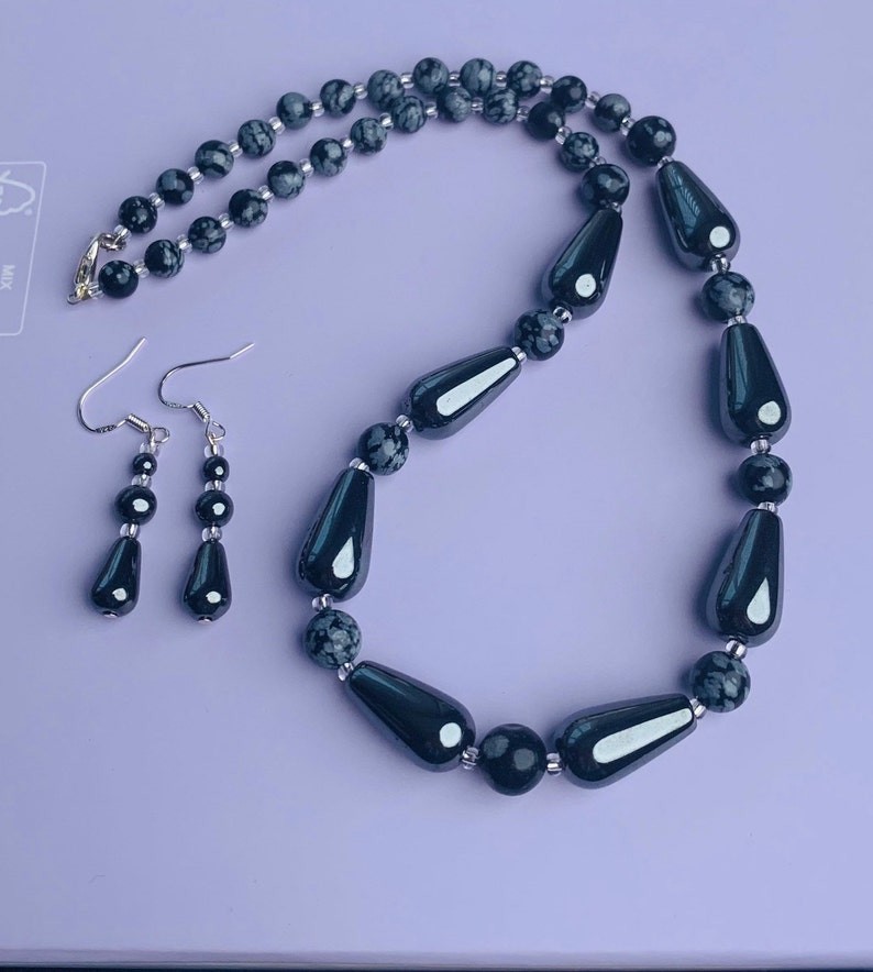 Hematite and Snowflake Obsidian Gemstone Beaded Necklace Earring Set