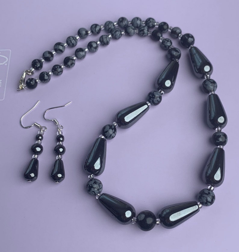 Hematite and Snowflake Obsidian Gemstone Beaded Necklace Earring Set