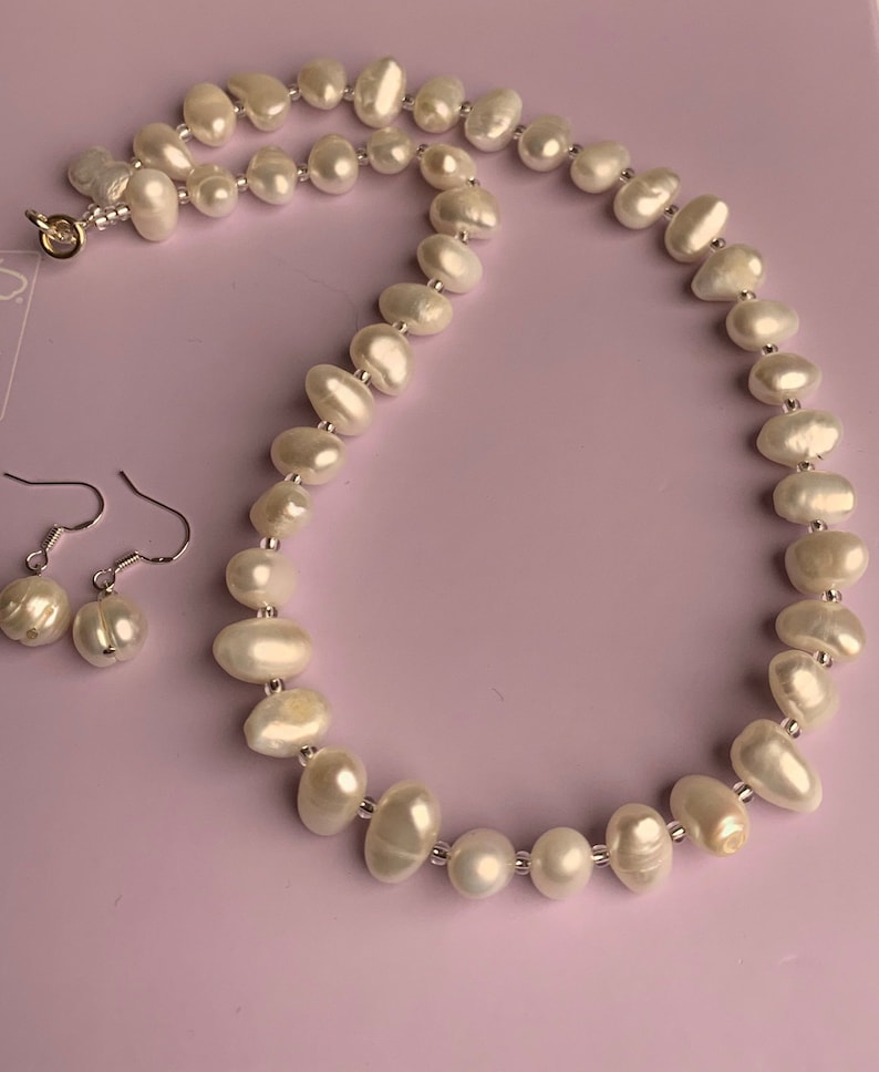 Large Freshwater Pearl Necklace and Sterling Silver Earrings