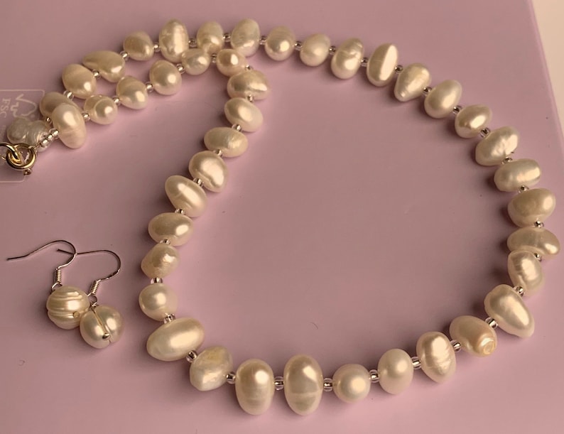 Large Freshwater Pearl Necklace and Sterling Silver Earrings