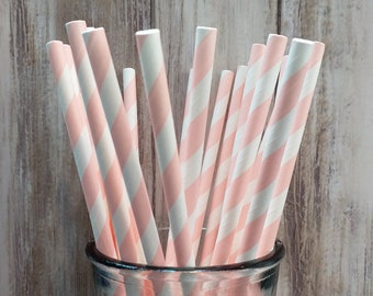 Pink and White Stripe Paper Straws, Party Supplies (8 inch)